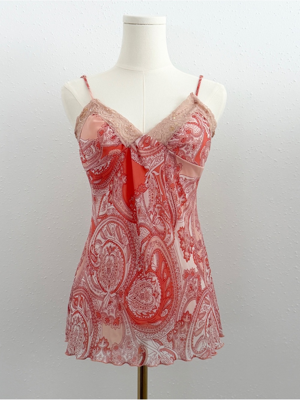 Y2K Vintage Paisley Babydoll Lace Trim Sequin Coquette Fairycore Cami Tank Top L